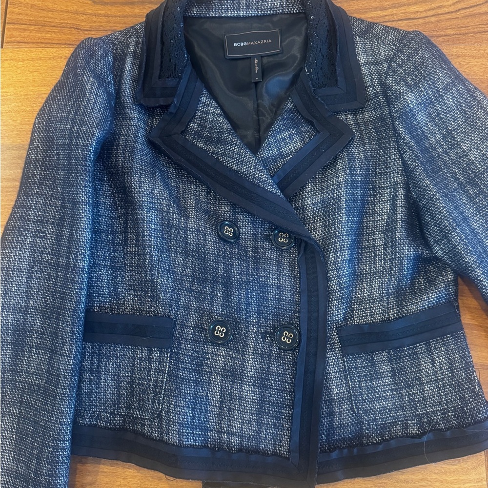 BCBG MaxAzria Tweed Black
Silver Double Breasted Wool Blend Blazer